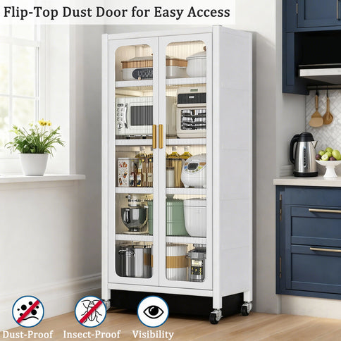 6 Tier Storage Cabinet With Transparent Door, Adjustable Shelves & Wheels