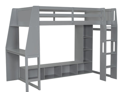 Gaming Loft Bed With Desk, Multi Storage Shelves, LED Lighting, And Hanging Clothes Rack