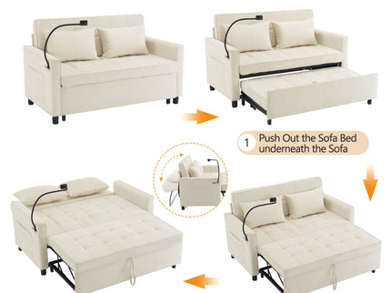 Pull-Out Sleeper Sofa With Reversible Backrest Cushion, Side Pockets, 2 USB Ports And A Phone Holder For Living Room