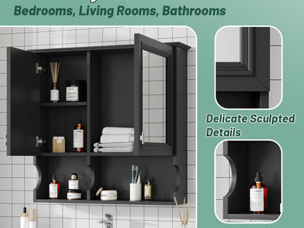 Wall Mounted Mirror Medicine Cabinet, Bathroom Storage With Doors And Open Shelves