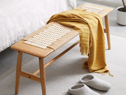 Woven Design Dining Bench For Dining Room, Bedroom - Natural Oak