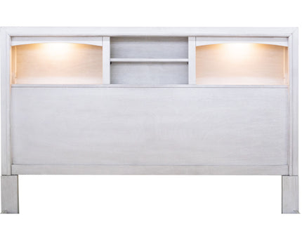 Transitional Bed With Smooth Gliding Drawers, Built In Lights, Open Headboard Shelves