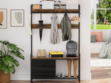 Hall Tree With 2 Movable Drawers, Shoe Storage, Shelves, Garment Racks, And 23 Hooks For Entryway - Rustic Brown