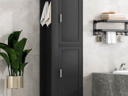Tall Freestanding Bathroom Storage Cabinet With Adjustable Shelves And Side Hooks