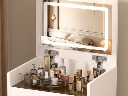 Compact 3 In 1 Vanity Desk With Open Top Mirror, Glass Desktop, 5 Height - White