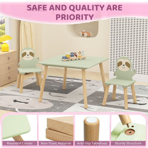 Sloth Themed Table And Chair Set With 2 Cute Animal Chairs - Natural Wood / Sage Green