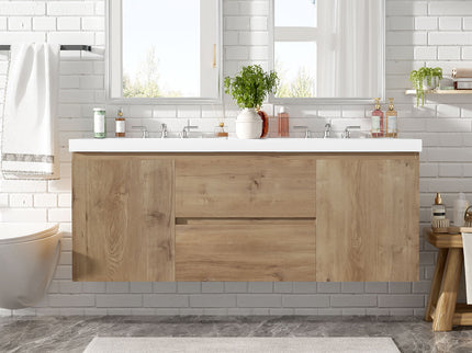 Double Sink Bathroom Vanity, Cabinet & Soft Close Doors, Divided Drawers, Wall Mounted Storage - Wood