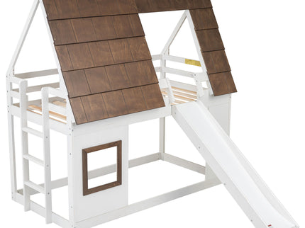 Wood Twin Size House Bunk Bed With Roof, Ladder And Slide - White / Brown