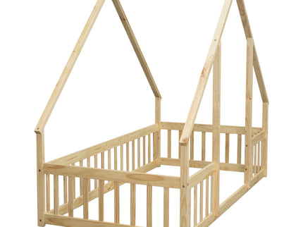 Wood House-Shaped Floor Bed With Fence, Guardrails