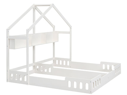 Twin Size Platform Bed With Shared Design, Guardrails, And Built In Shelves - Creamy White