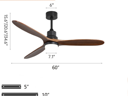 Ceiling Fan With Lights 3 Solid Wood Fan Blade Noiseless Reversible Motor Remote Control - Black