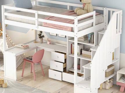 Loft Bed With L Shaped Desk, Drawers, Cabinet, And Storage Staircase