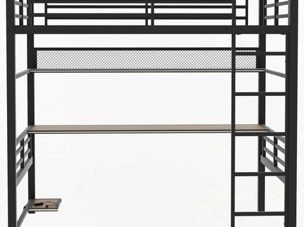 Full Size Loft Bed Frame With Storage Shelf And LED Light - Black