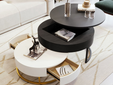 Modern Round Lift-Top Nesting Coffee Tables With 2 Drawers