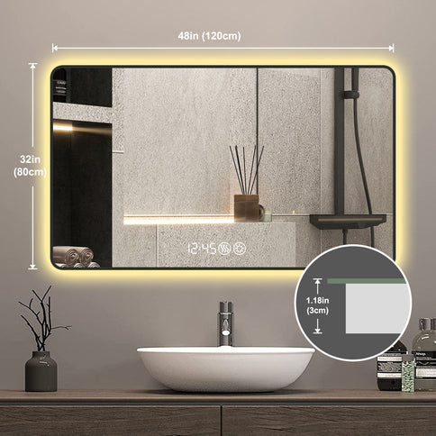 Wall Mirror With Rounded Corners, Temperature Display, Tri-Color Light, Defogging