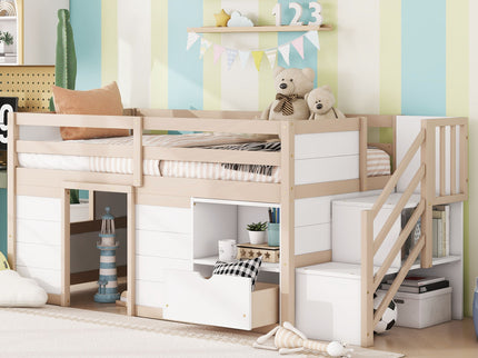 Low Loft Bed With Stair, Drawer, And Shelf