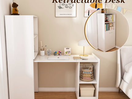 Stretchable Office Desk With Storage Shelves And Mobile Wheels
