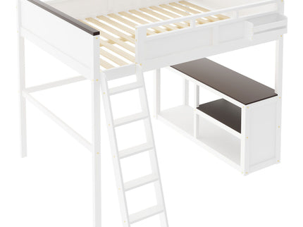 Queen Size Loft Bed With Desk, Open Shelf, Storage Box And USB Charging Station - White