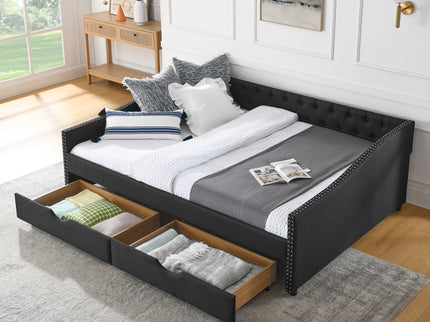 Upholstered Tufted Daybed With 2 Drawers, Waved Arms