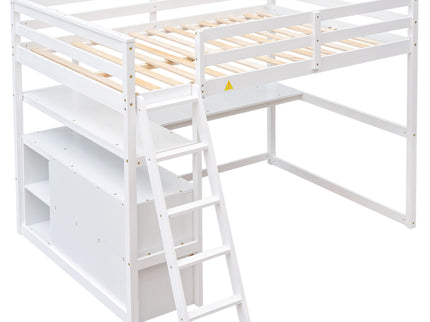 Modern Loft Bed With Built In Desk, Shelves, And 2 Drawers