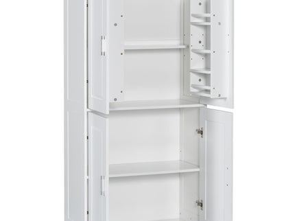 Tall And Wide Bathroom Floor Storage Cabinet With 4 Doors, Adjustable Shelves - White