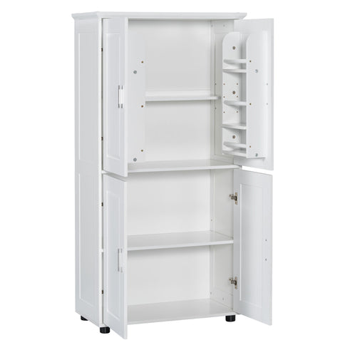 Tall And Wide Bathroom Floor Storage Cabinet With 4 Doors, Adjustable Shelves - White