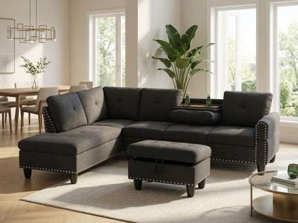 L - Shaped 3 Piece Sectional Sofa With Chaise, Storage Ottoman & Cup Holders