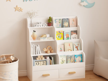 Bookshelf With 2 Storage Drawers, Front Facing Bookcase And Toy Organizer, Multi Tier Reading Shelf - White