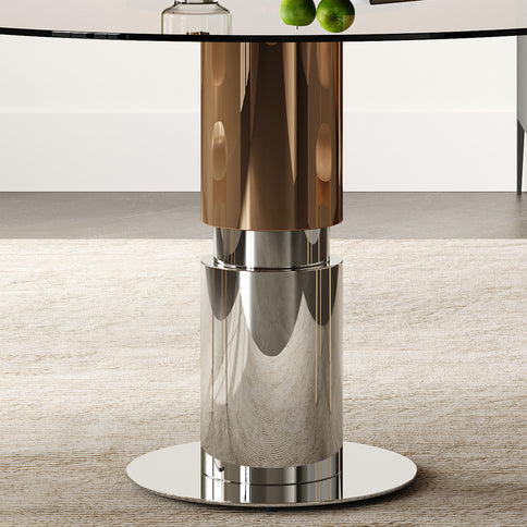 Round Dining Table & Tempered Glass Top - Brown