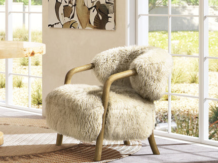 Becker - Rustic Oak Sheepskin Upholstered Accent Arm Chair - Taupe Beige