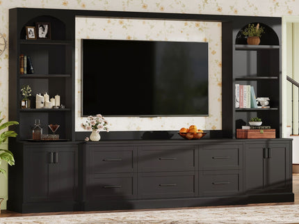 Arched Entertainment Center Wall Unit With 6 Drawers, Large TV Stand With Bookshelves