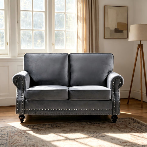 Loveseat Sofa With Nailhead Detail & Turned Legs, 2 Seater Upholstered Couch