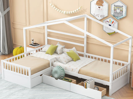 L Shape Platform Bed With 3 Storage Drawers