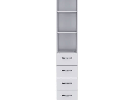 Linen Cabinet, 3 Shelves, 4 Drawers And Metal Handles - White