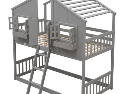 House Bunk Bed With Roof, Window, Window Box, Door, With Safety Guardrails And Ladder