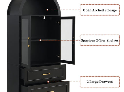 Arched Top Storage Cabinet With Fixed 2 Tier Shelves, 2 Large Drawers
