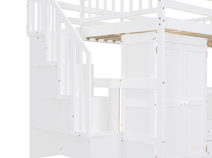 Loft Bed With Stairs, Bookshelf, Drawers, Desk & Wardrobe, Space Saving Multifunctional Furniture