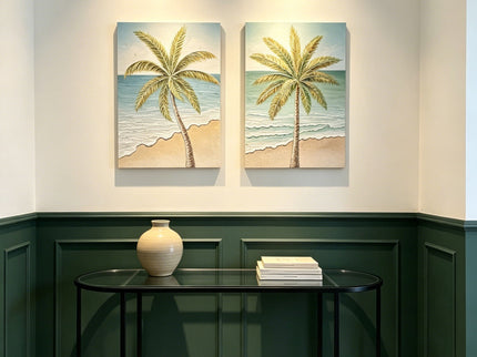 Palm Tree Wall Art, Beach Canvas Painting With Accents, Hand Painted Textured Tropical Decor (Set of 2) - Aqua Blue