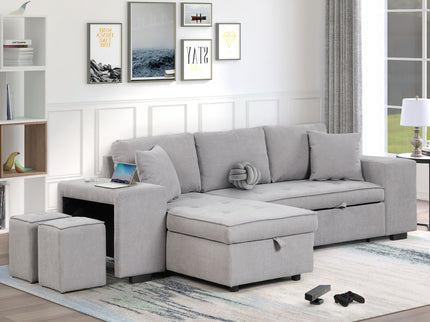 Modern L-Shape 3 Seat Reversible Sectional Couch, Pull Out Sleeper Sofa With Storage Chaise And 2 Stools For Living Room Furniture Set