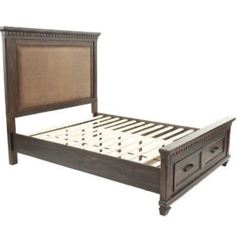 Queen Size Bed With Upholstered Headboard And Footboard Drawers - Brown