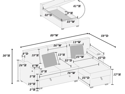 Convertible Sectional With USB / USB - C Port, Storage Chaise, Pull-Out Bed