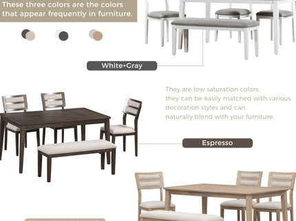 6 Piece Dining Set, Upholstered Chairs And Bench