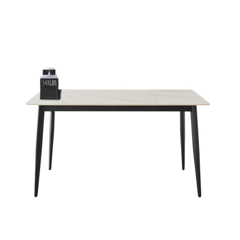 Mid Century Modern Dining Table Round White Sintered Stone Top Heavy Duty Metal Legs Waterproof Surface For Kitchen Dining Room Or Office Furniture - White / Black
