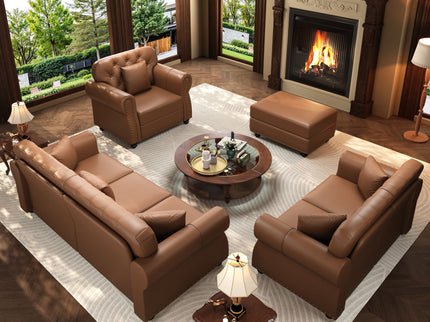 Upholstered Sofa With Nailhead Trim, Rolled Armrests With Ottoman