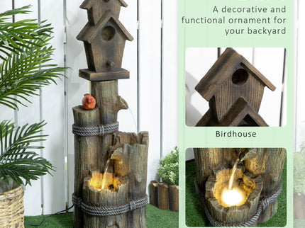 Outsunny - Outdoor Fountain With Birdhouse, Cascading Garden Waterfall Bird Bath With 3 Tier Rustic Tree Trunk / Log Design, LED Lights For Porch, Deck, Yard Decor - Brown