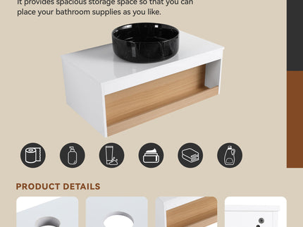 Floating Bathroom Vanity With Vessel Sink With Open Shelf Storage