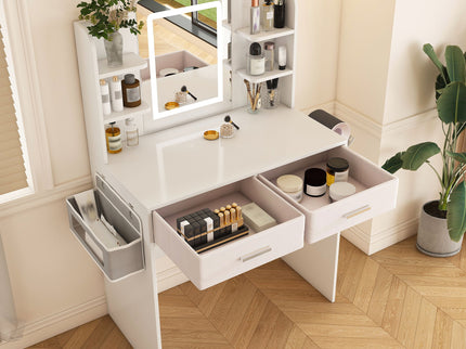Elegant LED Mirror Vanity Dressing Table With Adjustable Lights, Drawers & Storage - White