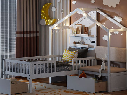 House Bed With Upholstered Sofa, Wireless Charging Station, Shelves And 2 Drawers