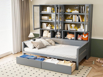 Daybed With Glass Door Storage Cabinets, Built In LED Lighting And Shelves