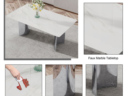Modern Minimalist Dining Table With Imitation Marble Glass Desktop And Metal Legs